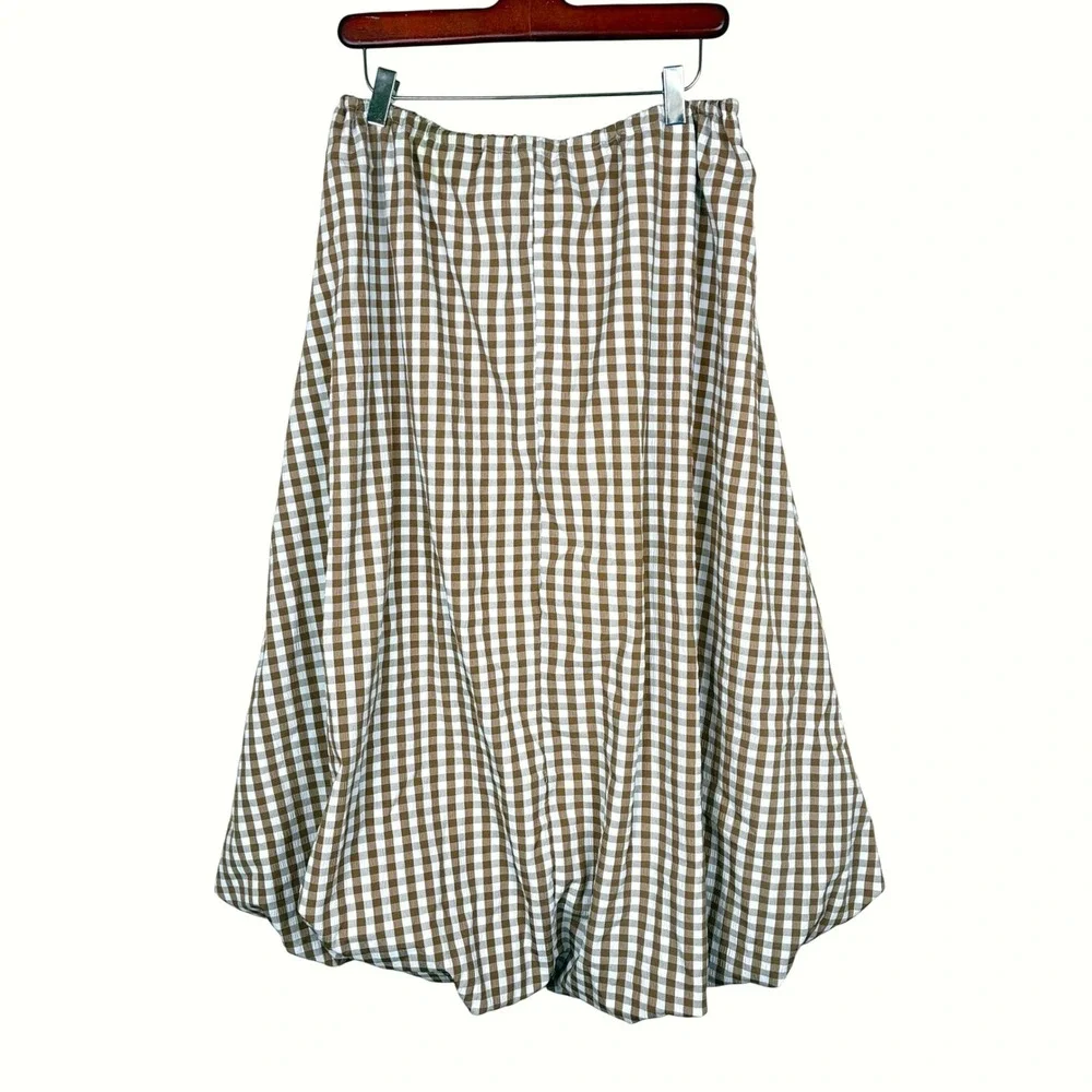 Emerson Lang Skirt XL Bubble Balloon Hem Midi Gingham Cottage Boho Brown Plaid